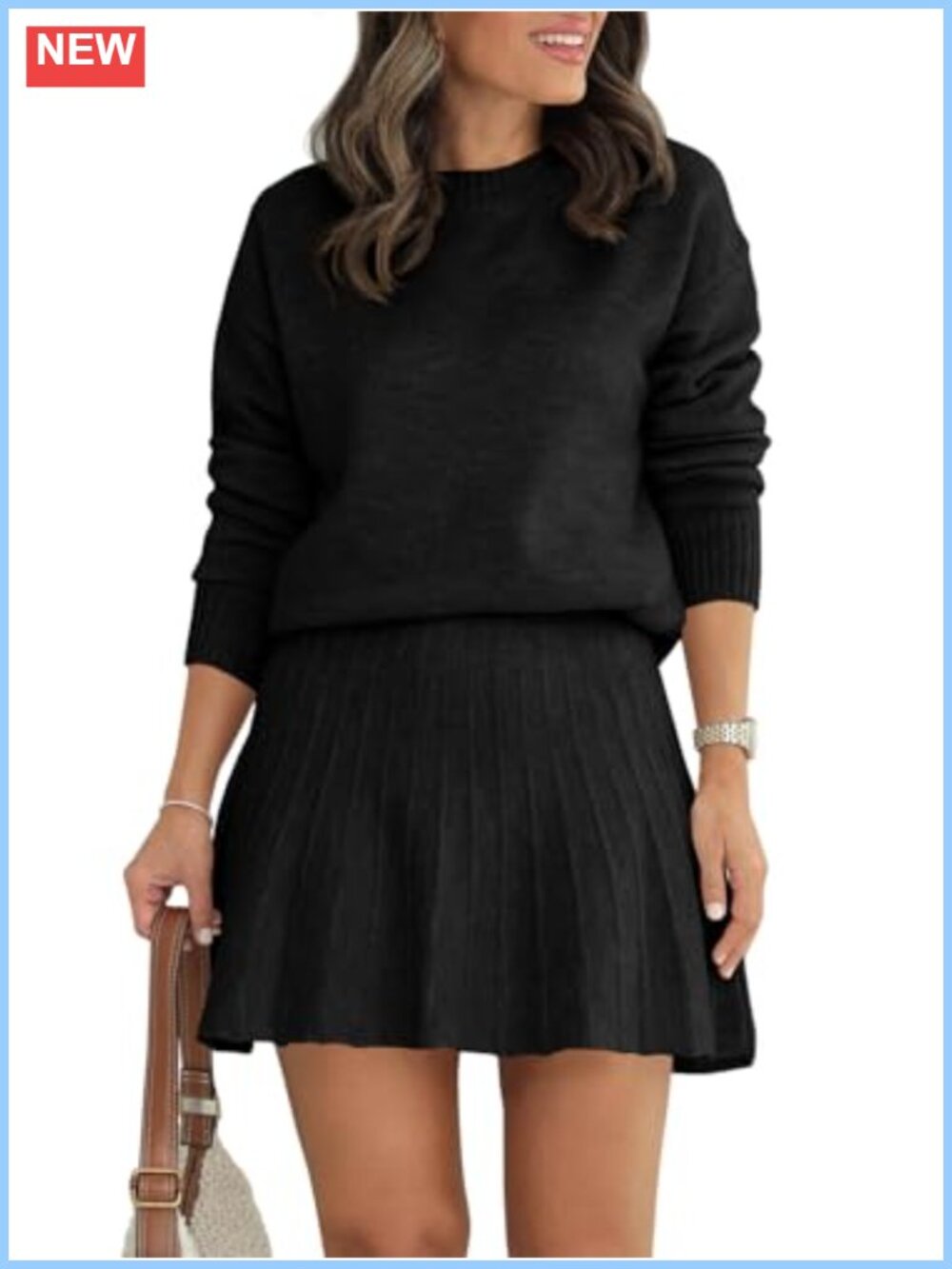 Womens 2 Piece Knit Sweater Skirt Set Pullover Pleated Mini Skirt Fall Winter
